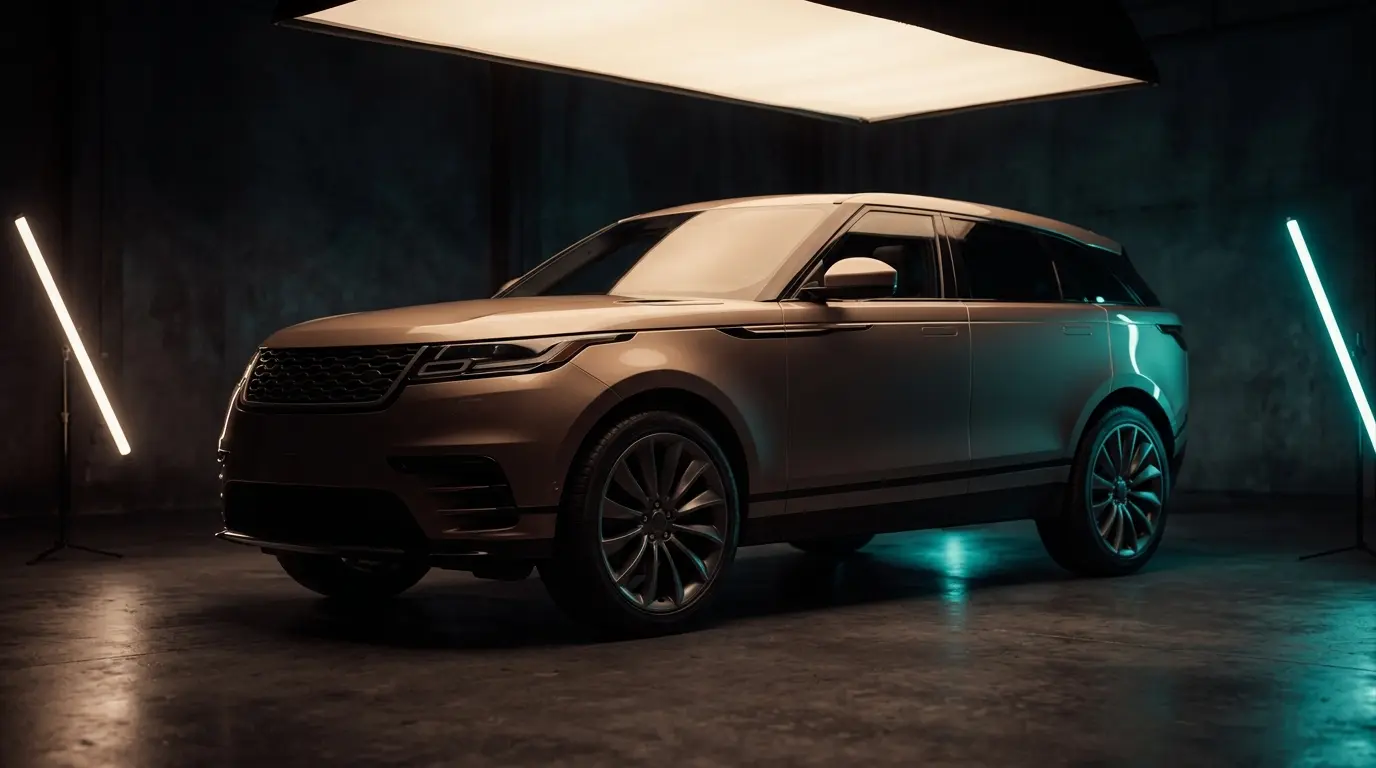 A luxury SUV rotating slowly on a studio turntable under overhead softbox lighting.